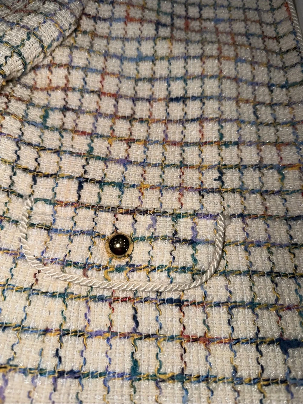 Henry Lee Ivory Tweed Two-Piece Skirt Suit Set with Multicolor Grid & Belt •10